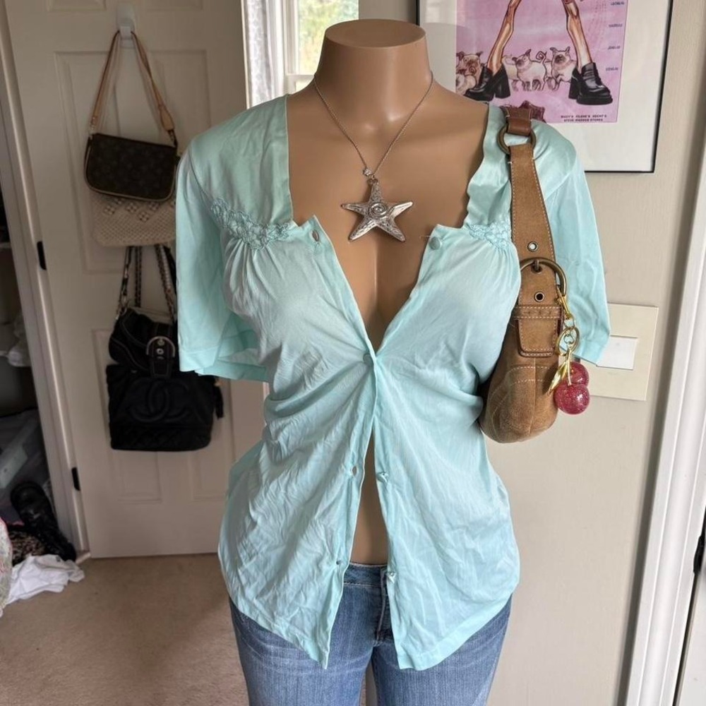 y2k 2000s pastel light blue button front sleepwear blouse